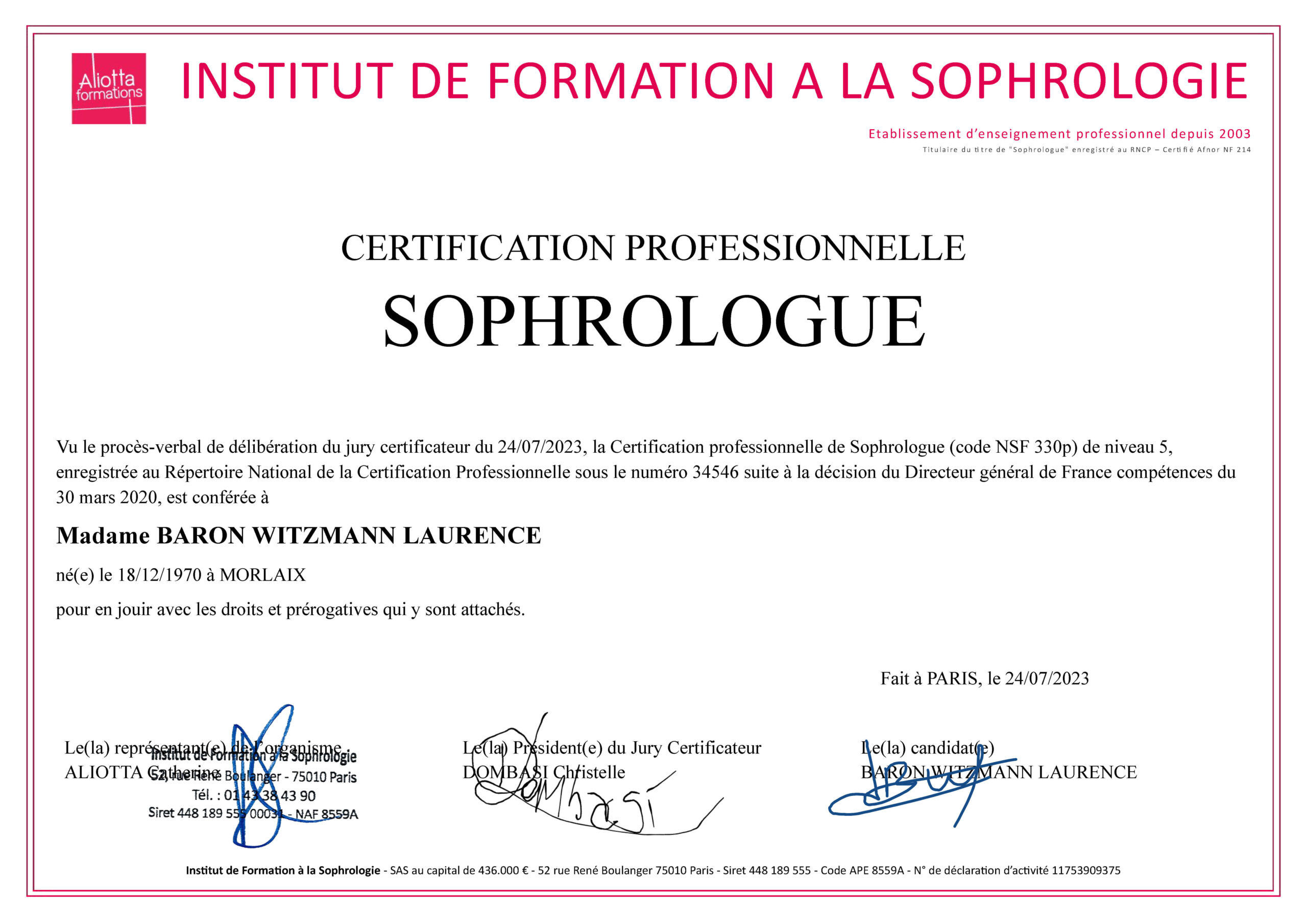 Certification de Sophrologue